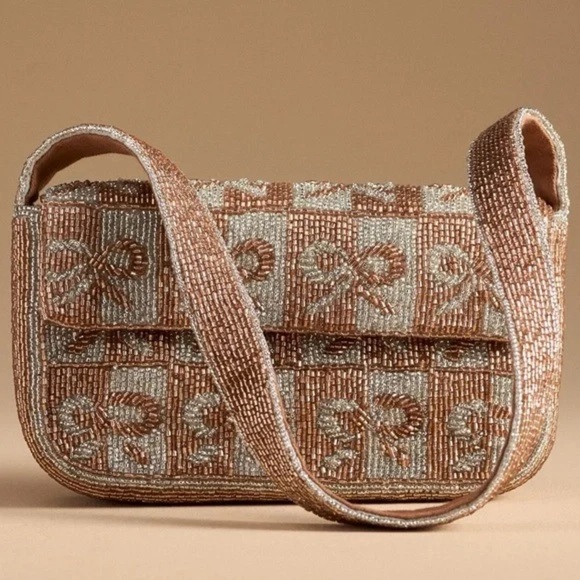 Anthropologie Handbags - Anthropologie Fiona beaded shoulder bag bows metallic bronze mixed coquette
